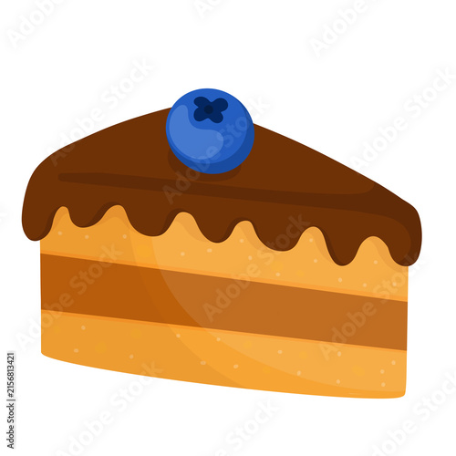 Slice of cake topped with chocolate icing and a blueberry suitable for dessert, bakery, sweet food