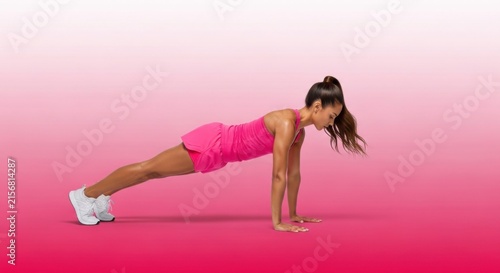 Energetic Woman Doing Plank Pushups in Pink Gradient Studio