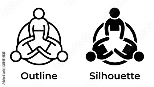 Bild auf Leinwand Collaboration Icon: Two stylized icons, one outline and one silhouette, depict three figures forming a circle, symbolizing unity, teamwork, and shared ideas