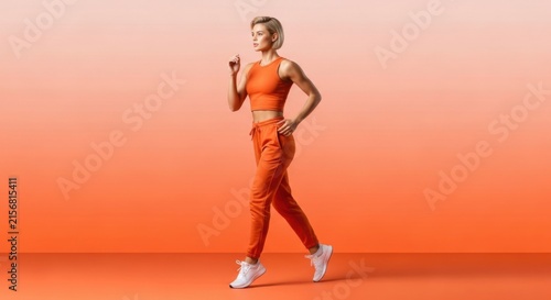 Active Woman in Orange Sportswear Walking on Gradient Orange Studio