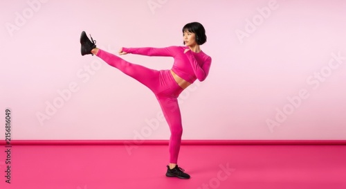 Vibrant Pink Athleisure Woman Kicking Leg High in Studio