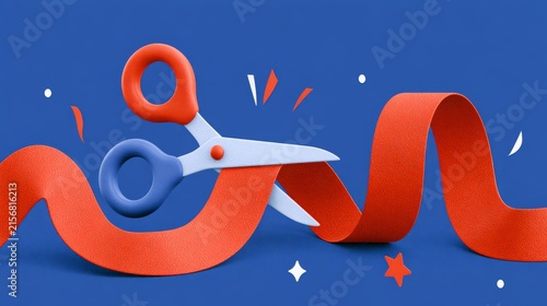 Grand opening 3D icon featuring scissors cutting a red ribbon in a festive style. 