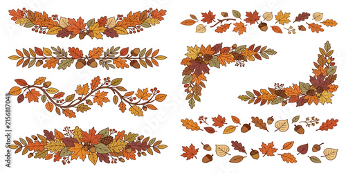 Photography Autumn fall floral border corner vector set featuring maple oak leaves acorns a