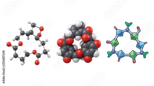 Molecular structure models in 3D, scientific chemical bond representations, colorful atom ball and stick diagrams for laboratory research isolated PNG with Transparent Background