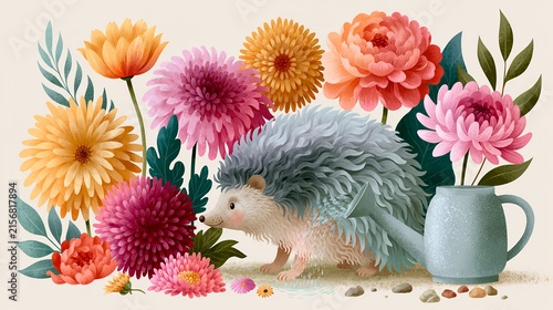 Cute hedgehog watering colorful flowers in whimsical garden