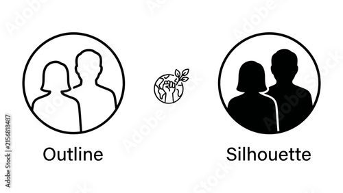 Obraz na plátně Outline and Silhouette People Icons: A comparative representation of human profiles, showcasing the difference between an outline and a silhouette, alongside a symbol of environmental consciousness