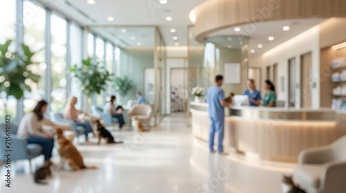 blurred modern veterinary lobby with pet owners, dogs, and medical staff at bright service counter.