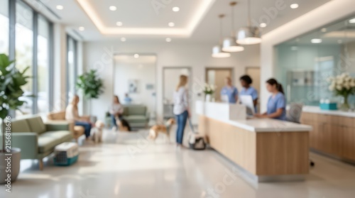 blurred wide angle view of modern veterinary hospital lobby with pet owners and reception staff, clean bright clinic interior.