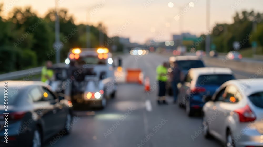 Obraz premium blurred roadside assistance scene, tow truck with amber lights, car breakdown on highway at dusk, bokeh traffic background.