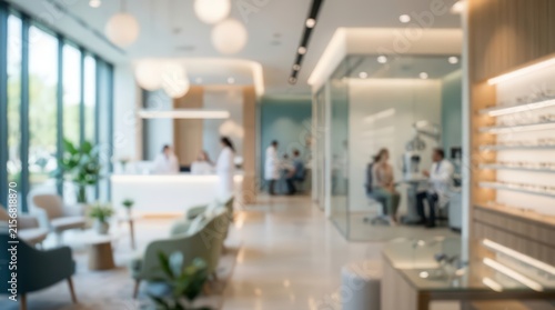 blurred modern medical clinic interior with reception desk, waiting lounge, and private consultation rooms.