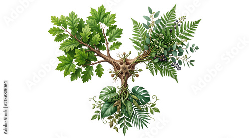 Botanical tree of life concept, organic green leaves and branches illustration, symmetrical nature growth symbol for ecology isolated PNG with Transparent Background