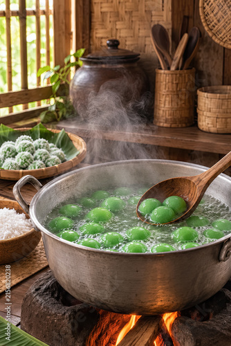 Green klepon rice balls boiling in a steaming metal pot during traditional preparation.generative AI
