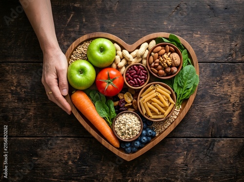 Heart Healthy Food Selection In Wooden Tray Held By Hand