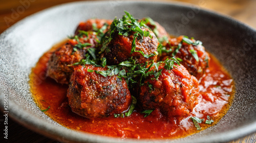 Homemade Meatballs with Tomato Sauce and Chopped Fresh Herbs, Delicious Italian Style Food