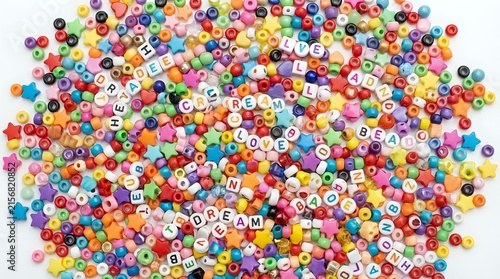 Colorful alphabet beads scattered on white background, featuring