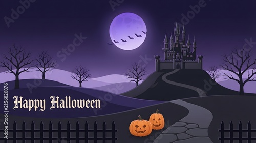 Spooky halloween night scene with a haunted castle silhouetted against a full moon and glowing pumpkins