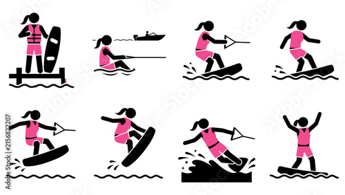 Bild auf Leinwand Water Skiing Silhouette Collection with Female Riders Wakeboarding Action Sports