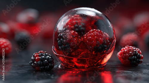 Red Ice Ball Drink with Fresh Blackberries, Refreshing Summer Beverage and Fruit Cocktail