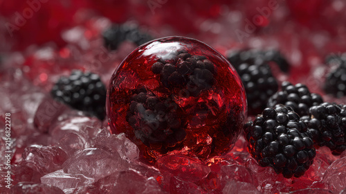 Red Ice Ball Drink with Fresh Blackberries, Refreshing Summer Beverage and Fruit Cocktail