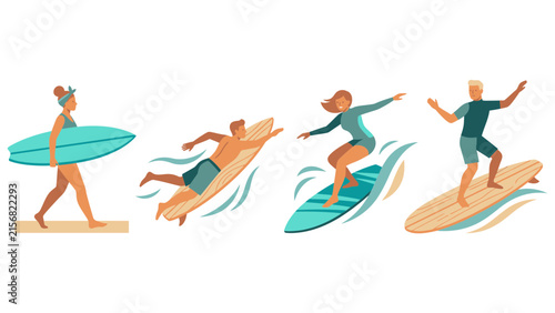 Photography Surfer Characters in Dynamic Surfing Action Poses Flat Vector Set