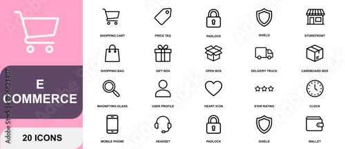 E-commerce icons in a clean grid layout on white background for online shopping concepts