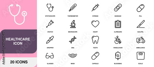 Healthcare medical icons set with stethoscope and syringe on pink background