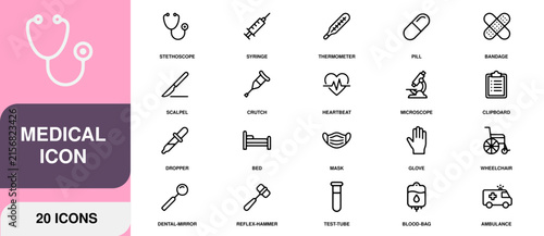 Medical icons with stethoscope syringe thermometer pill bandage and scalpel on pink background