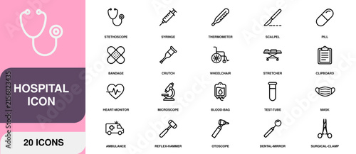 Medical and hospital flat icons collection with stethoscope and syringe for healthcare concept