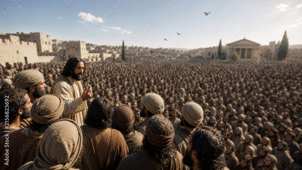 Fototapeta premium Jesus teaching thousands of people in ancient Jerusalem. Biblical scene about faith, courage, hypocrisy, and divine care from the Gospel of Luke chapter twelve.