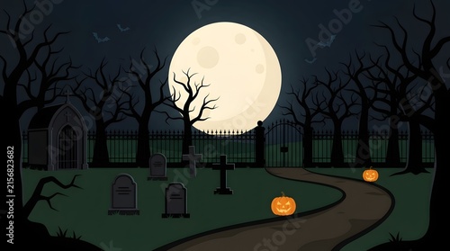A spooky halloween night features a bright full moon shining down on a dark graveyard and a winding garden path