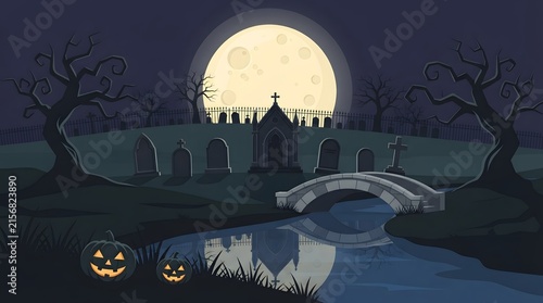 A hauntingly spooky halloween night features a bright full moon illuminating an old graveyard and a weathered stone bridge