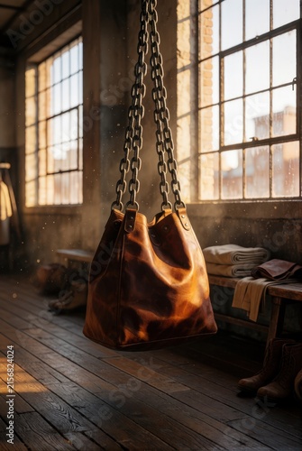 Leather duffel bag suspended by heavy chains in a rustic workshop with sunlit windows. Use: fashion accessory, travel gear, vintage store.