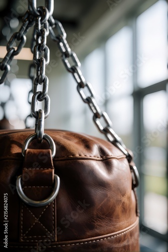 Close-up of a vintage leather punching bag suspended by a sturdy metal chain, soft natural light. Use: gym decor, fitness advertisement, boxing clu...
