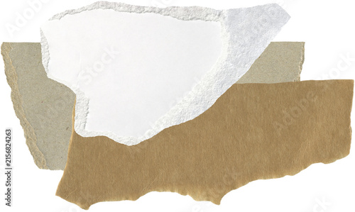 Scattered fragments ripped white and brown cartons and old package paper. Scrapbook collage elements from ripped vintage textures sheets with jagged edges with space for text