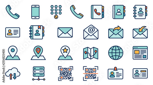 Creative Flat Icons Set Featuring Communication Location Web and Data Transfer Concepts in Minimalist Blue and Orange Design