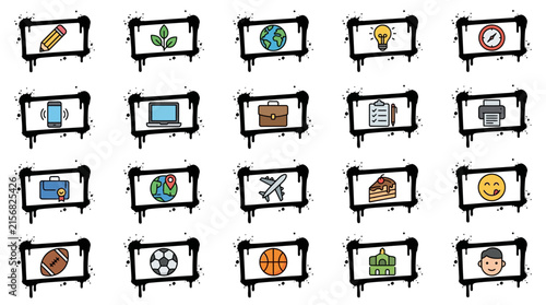 Creative Flat Icons Set Showing Diverse Objects and Activities on Dripping Frames in Black and White