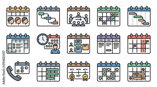 Creative Flat Calendar Icons Set Showing Various Scheduling Meetings Tasks and Reminders in Minimalist Design