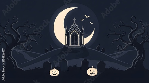 A dark and spooky haunted house is silhouetted against a bright crescent moon on a scary halloween night with jackolanterns