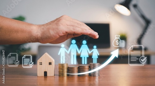 Family financial planning, insurance protection, and property investment concept with hand shielding family icon on coins, wooden house model, and growth arrow