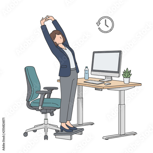 Employee stretching at desk during ergonomic break reminder, workplace health, Return To Office