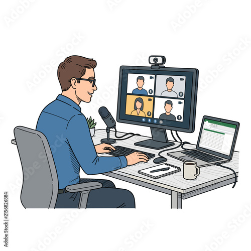 Employee using video conferencing setup for hybrid meeting, remote team collaboration, Return To Office