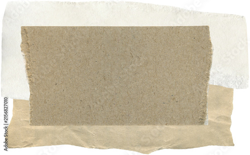 Textures brown and white cardboard pieces with ripped edges, old notes sheet. Collage elements with space for text. Vintage scrapbook background of fragments carton and paper