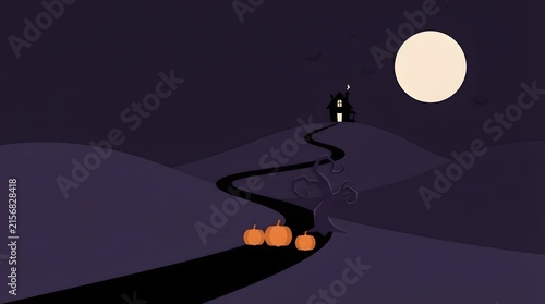 A winding country road illuminated by the full moon at night with a vehicle driving along it