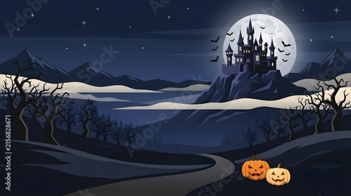 Spooky halloween landscape with a silhouetted castle under a full moon and glowing jackolanterns in the foreground