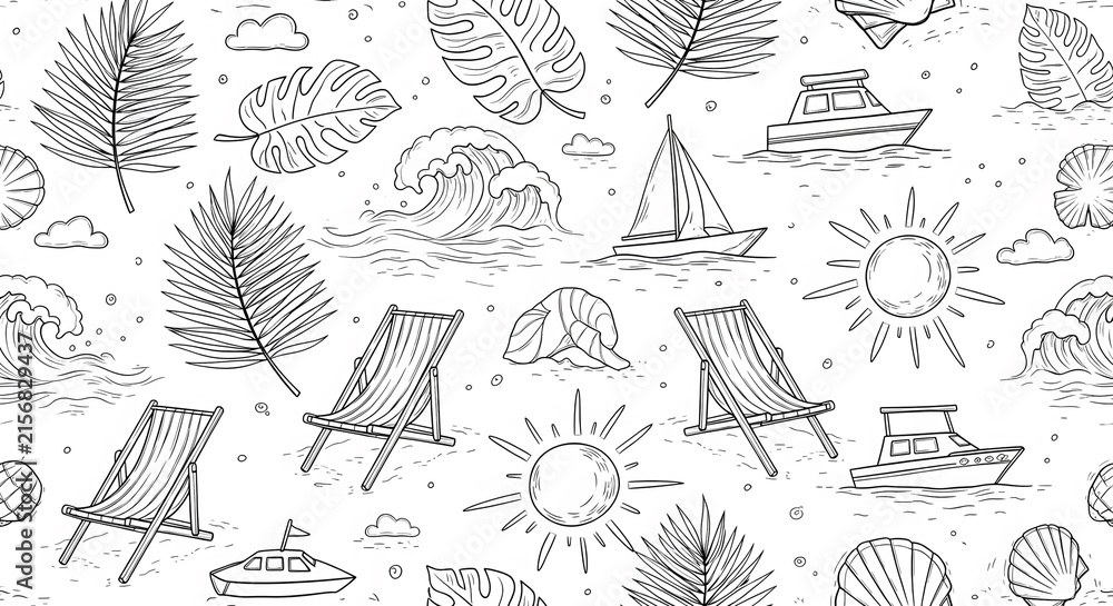 Summer Beach Vacation Doodle Seamless Pattern Line Art Vector