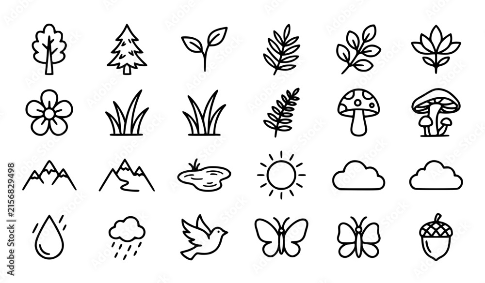Fototapeta premium Minimal nature outline icons featuring trees plants flowers wildlife and outdoor landscapes