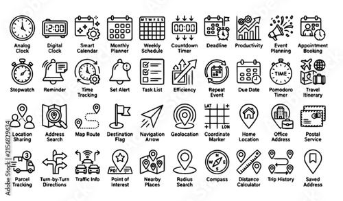 Obraz na plátne Modern Time Management and Address Navigation Line Icons Collection Editable Str