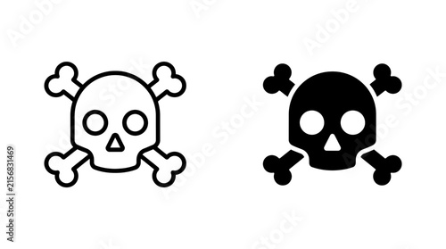 Skull and crossbones icons set in outline and solid styles representing death danger pirate symbols toxic waste or lethal poison hazard warnings