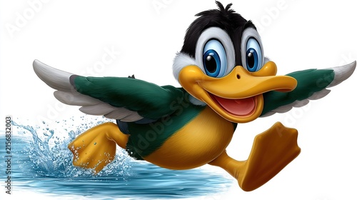 Happy Cartoon Duckling Running: A cheerful animated duckling with big blue eyes and an infectious smile splashes through water, its wings spread in mid-flight, embodying pure joy and playful energy.