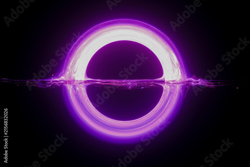 Bright violet glowing ring resembling a futuristic black hole, with intense neon energy, reflections and cosmic light against a deep dark background.